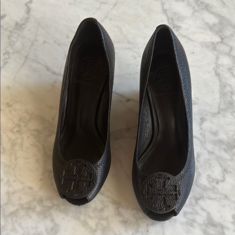 Tory Burch Sally Black Peep Toe Heeled Wedge Shoes